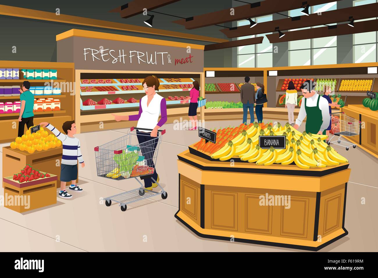 A vector illustration of mother and her son shopping in a grocery store Stock Vector