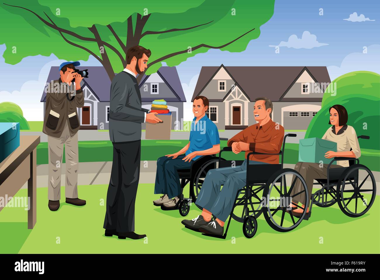 A vector illustration of man giving donation to the disable people in an event Stock Vector