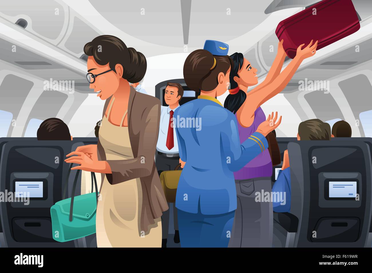 A vector illustration of passengers lifting their carryon luggage into
