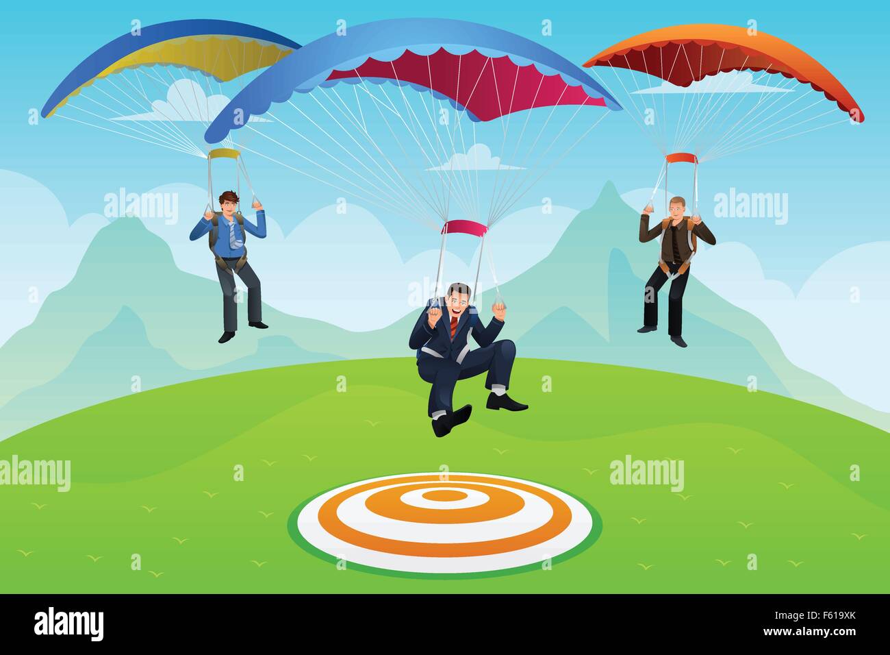 A vector illustrator businessmen with a parachute landing on a target