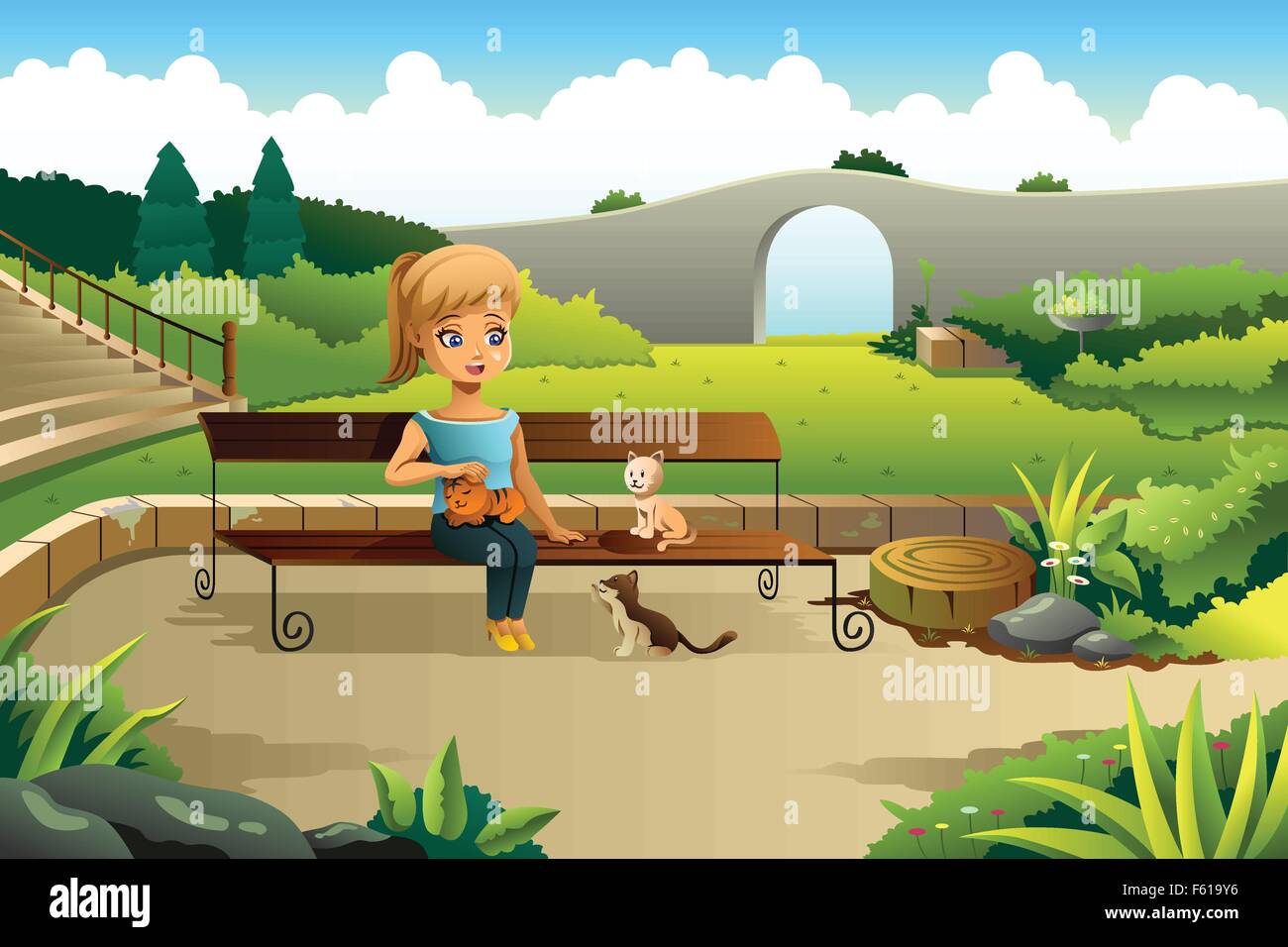 A vector illustration of little girl playing with cats in a park Stock ...