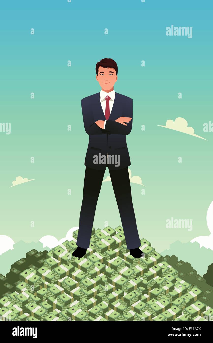 A vector illustration of businessman standing on top of pile of money Stock Vector