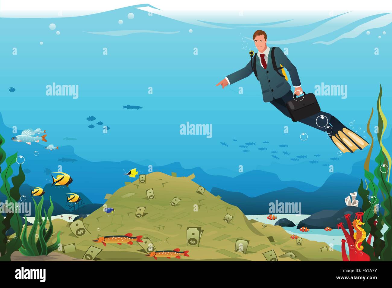 A vector illustration of businessman swimming under the water searching for money Stock Vector