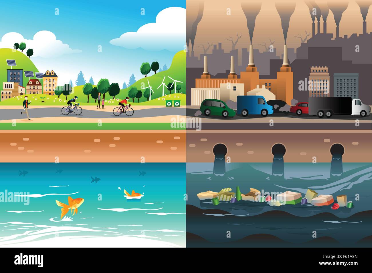 A vector illustration of healthy city versus polluted city Stock Vector