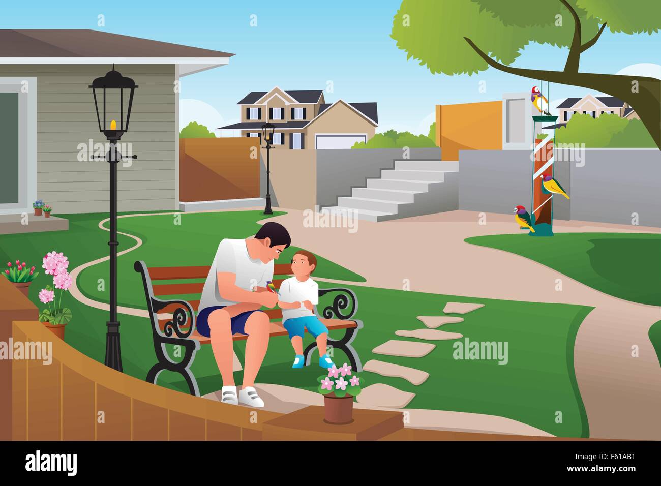 A Vector Illustration Of Father And Son Playing With Bird On Bird