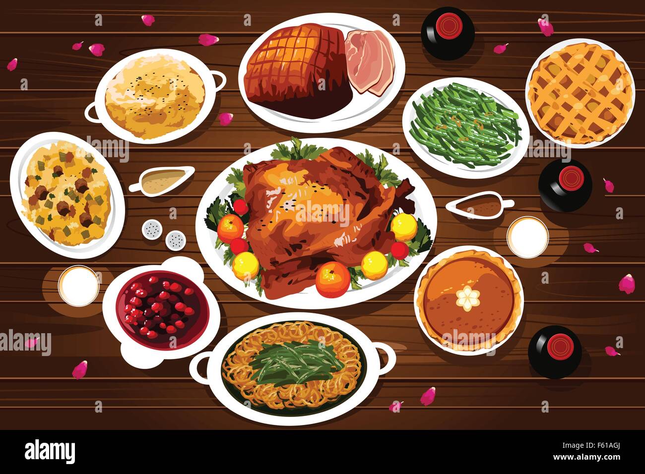 A vector illustration of food of thanksgiving dinner on the table viewed from above Stock Vector