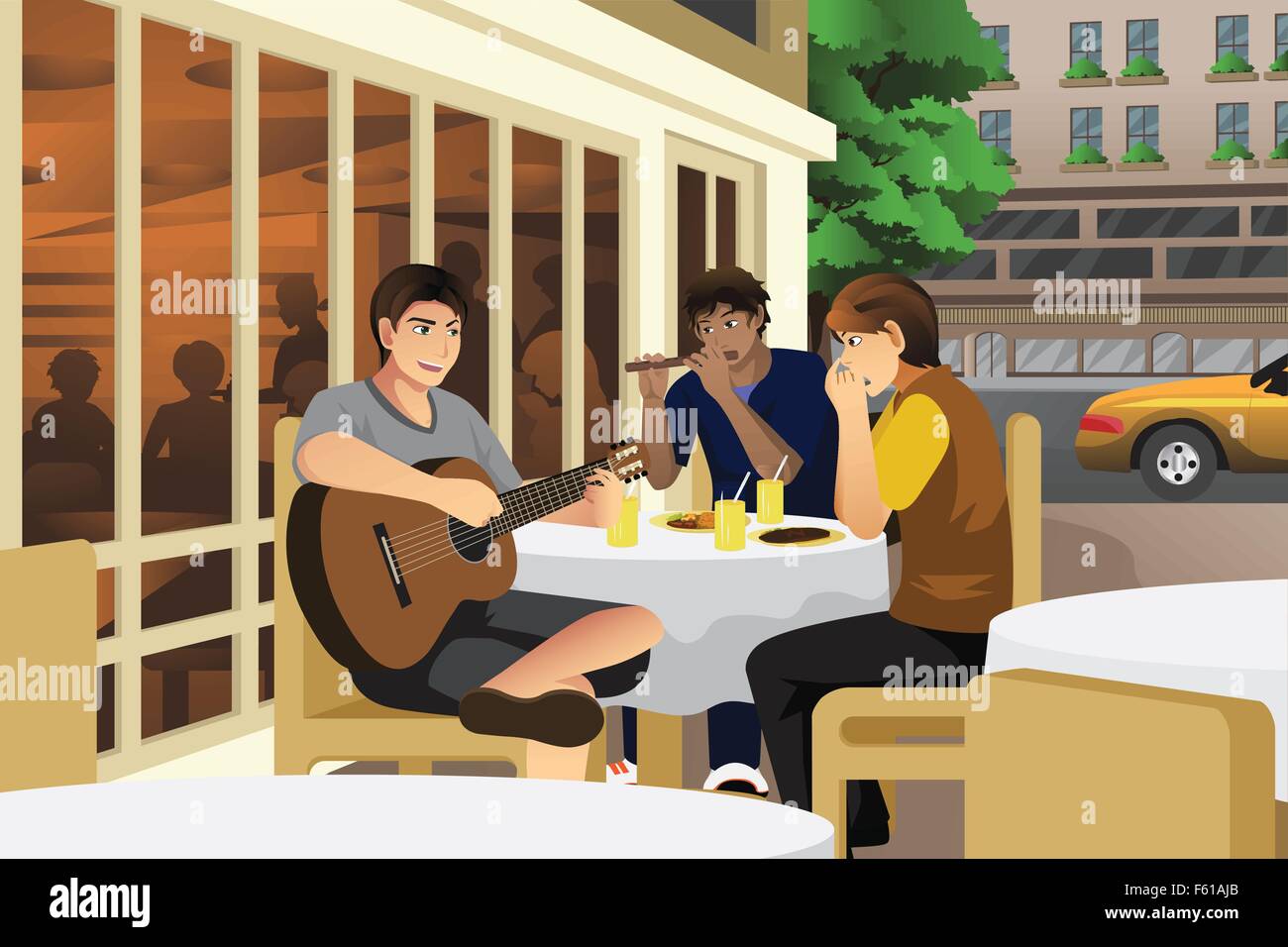 A vector illustration of young men playing music in cafe together Stock Vector
