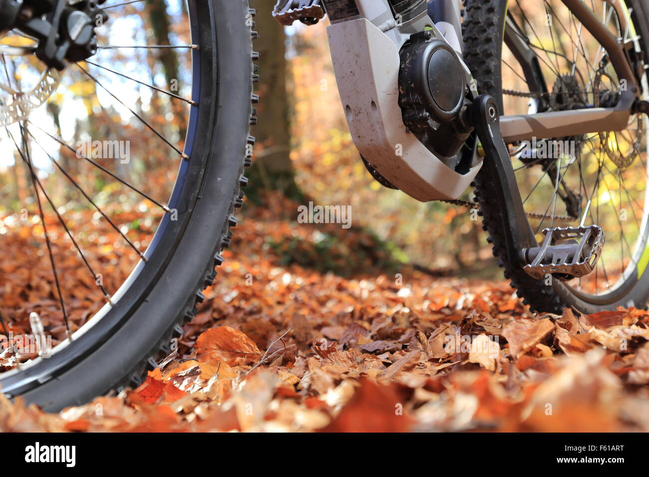 A Closeup of E-Mountain Bike with motor and gearbox Stock Photo