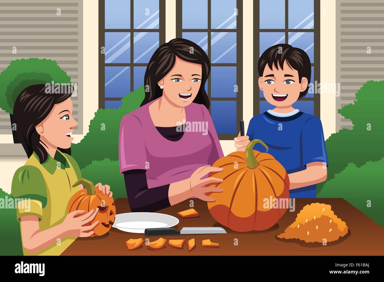 A vector illustration of Mother carving pumpkins together with her kids at backyard Stock Vector