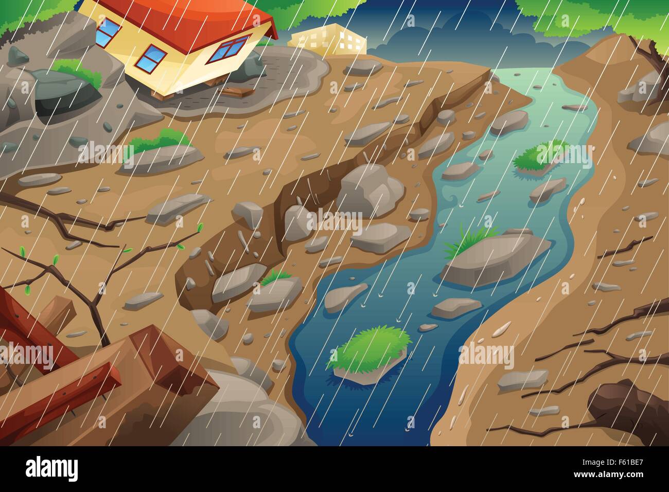 A vector illustration of monsoon rain resulting in flood an mudslide Stock Vector