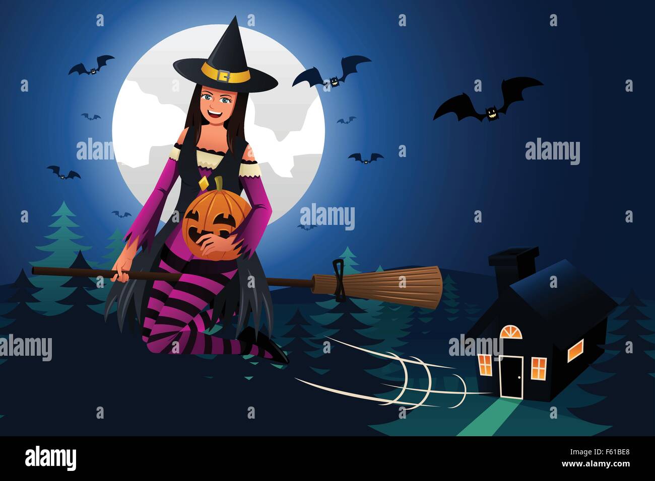 A vector illustration of witch flying in front of the full moon with ...