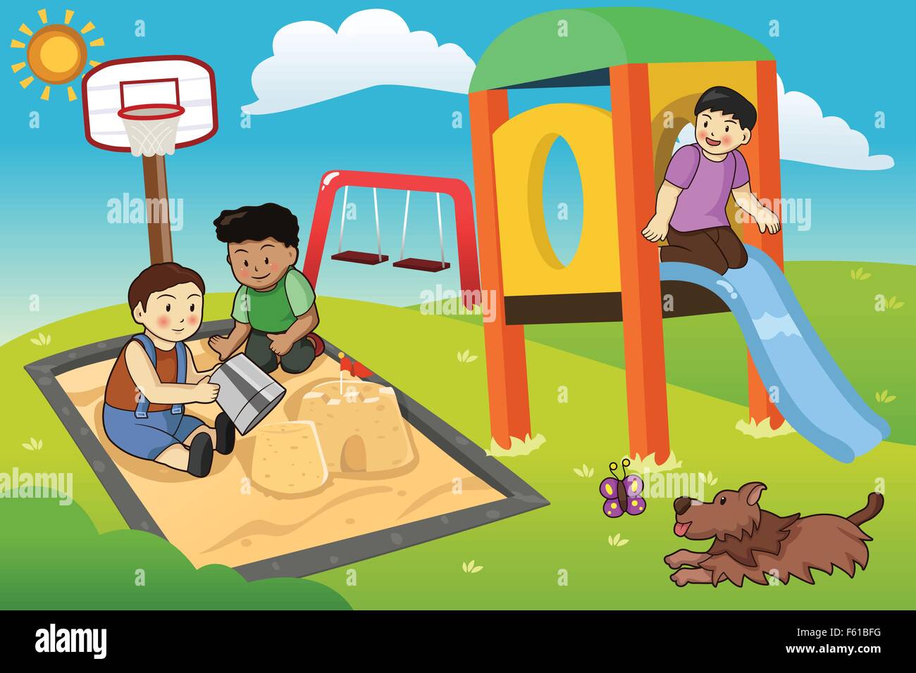 A vector illustration of happy kids playing in the playground Stock ...