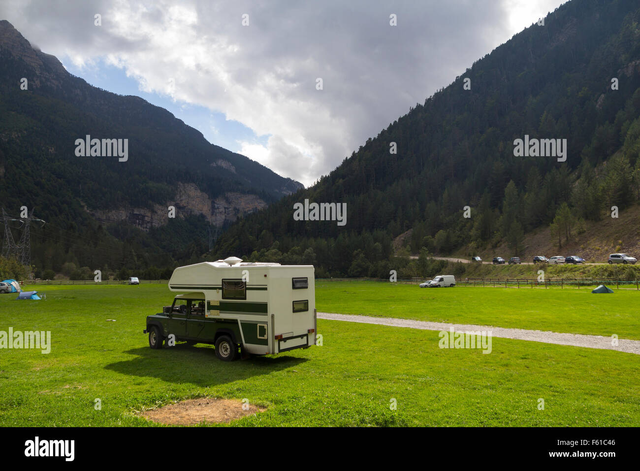 4x4 mobile home outdoors, in a green valley Stock Photo