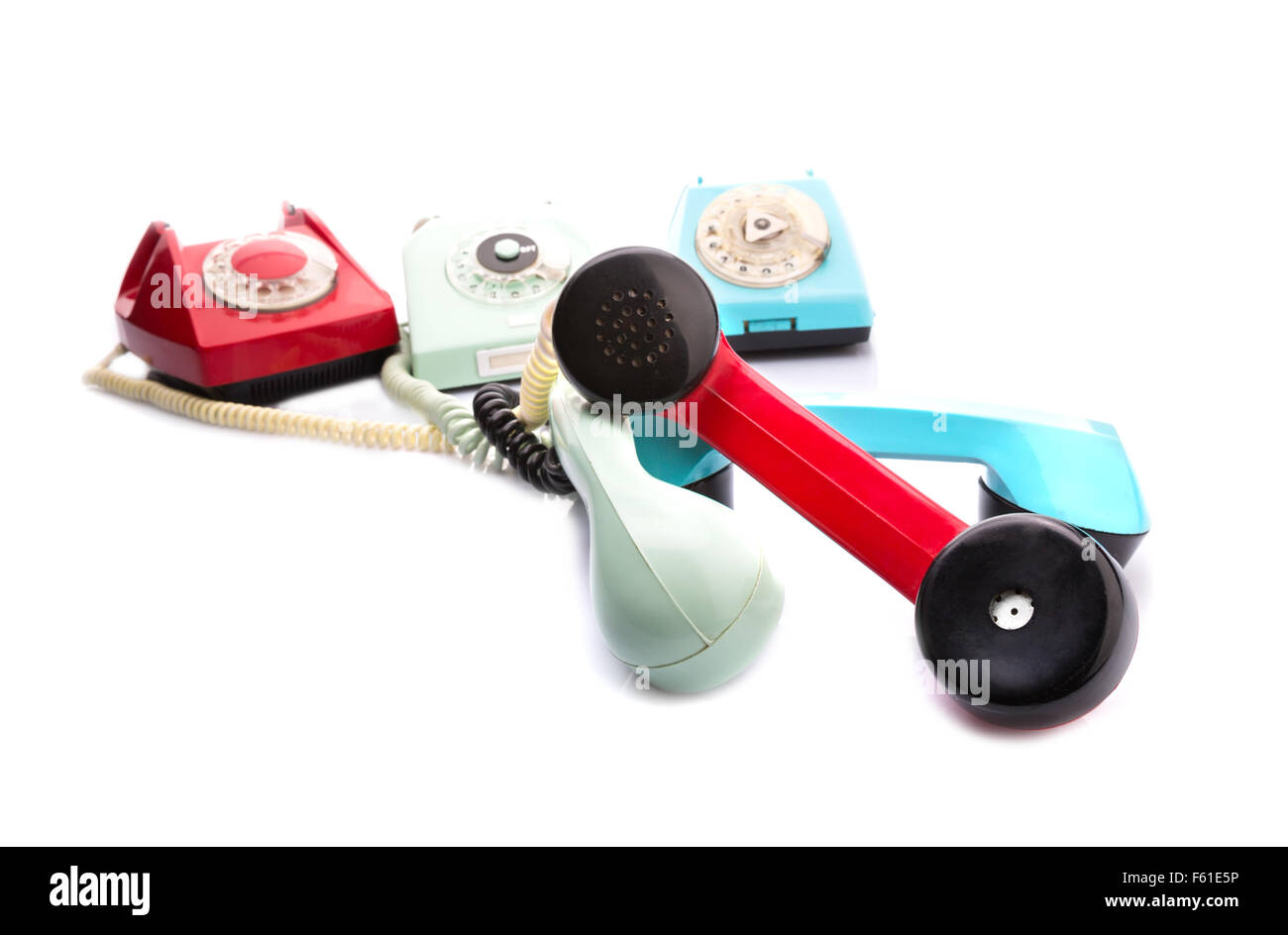 Set of vintage telephones with twisted handsets Stock Photo Alamy