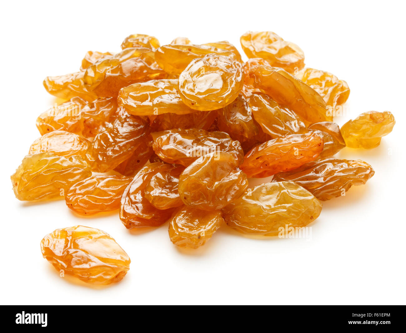 Yellow sultanas raisins isolated on white background cutout Stock Photo