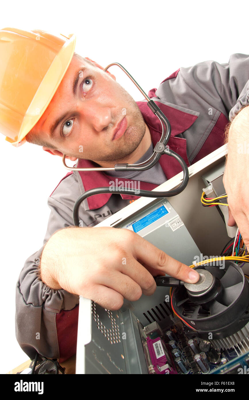 Computer support engineer. Isolated on white Stock Photo - Alamy