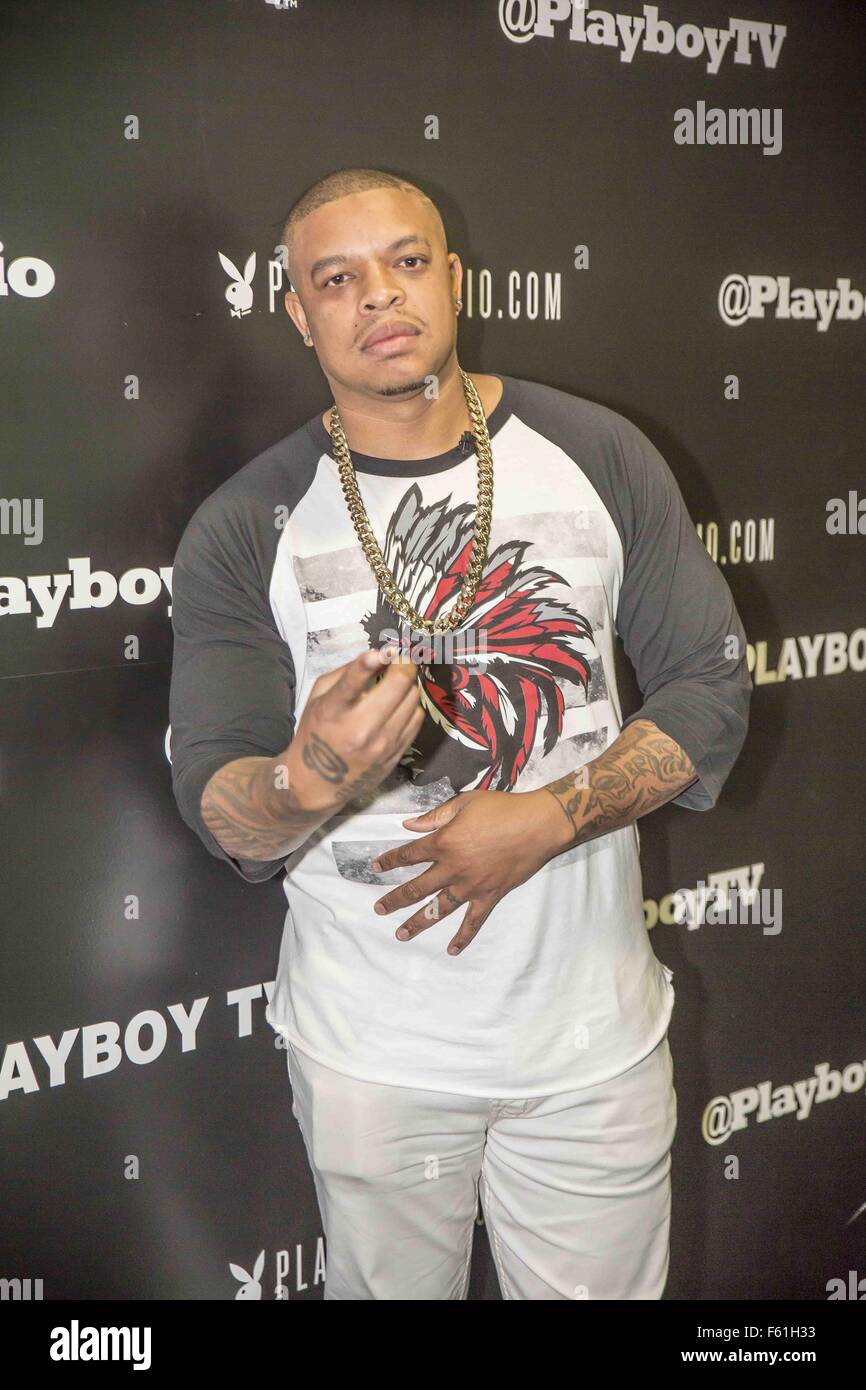 Dr. Dre's son, Rapper and Actor Curtis Young visits The Playboy Morning Show with hosts Andrea Lowell and Dan Cummins  Curtis is also seen with fellow guest, Comedian Nick Swardson  Curtis discussed his new single & video 'Jaded' and his upcoming album 'P Stock Photo