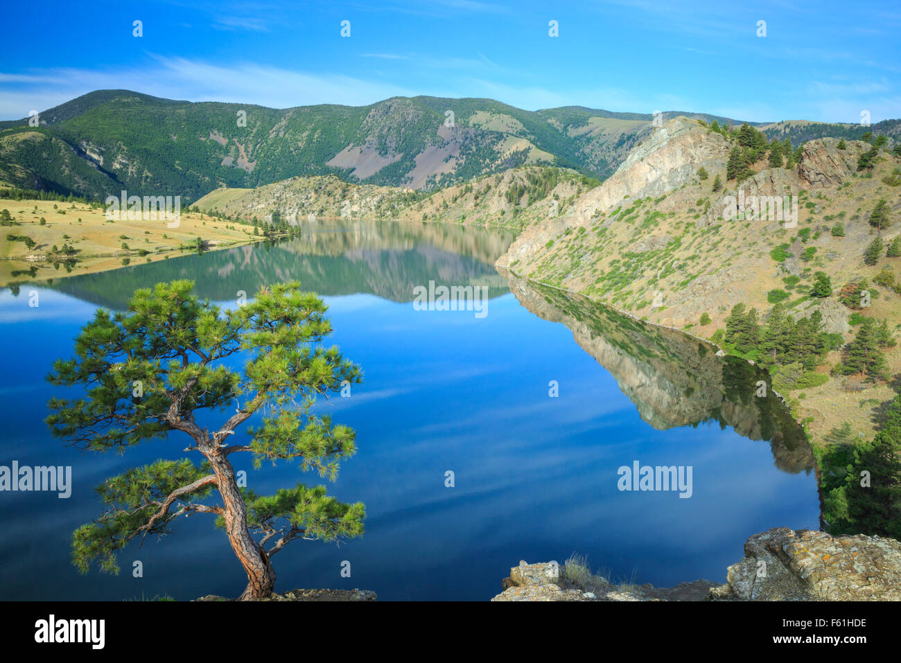 holter lake below beartooth (sleeping giant) mountain at oxbow bend near wolf creek, montana Stock Photo