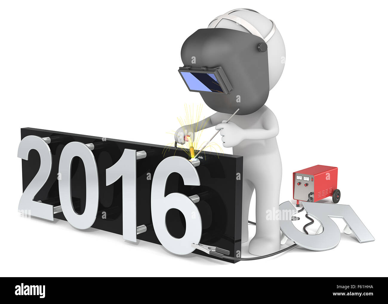 Dude 3D character The Welder changing number on New Year from 2015 to 2016. Stock Photo