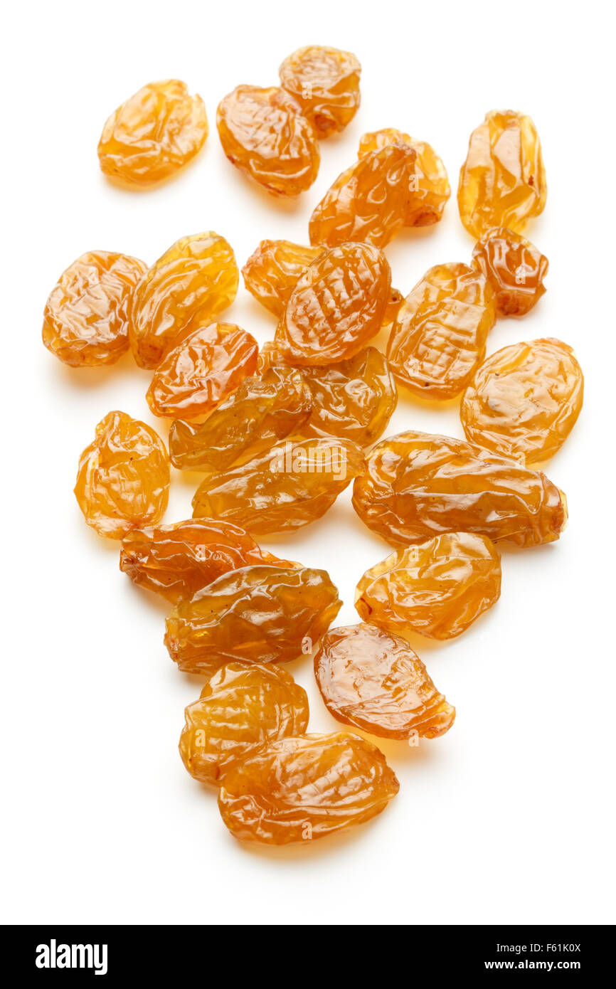 Yellow sultanas raisins isolated on white background cutout Stock Photo