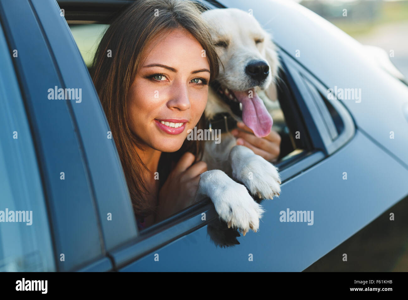 Woman and dog in car on summer travel. Vacation with pet concept Stock Photo Alamy