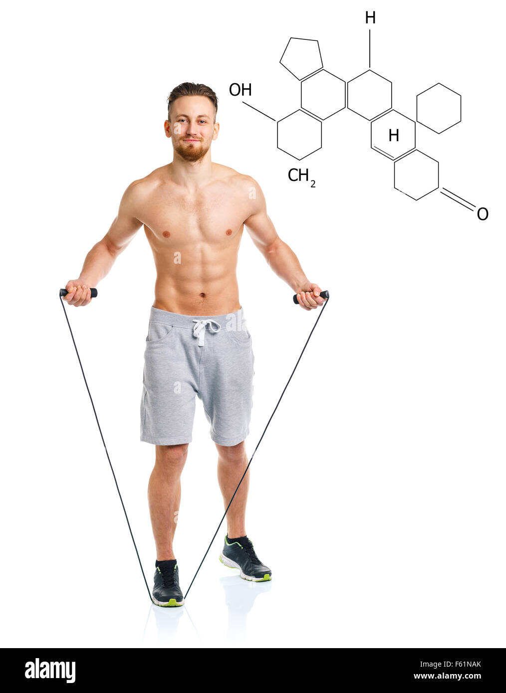 Jump Rope Testosterone Athletic attractive man jumping on a rope on the white with the ...