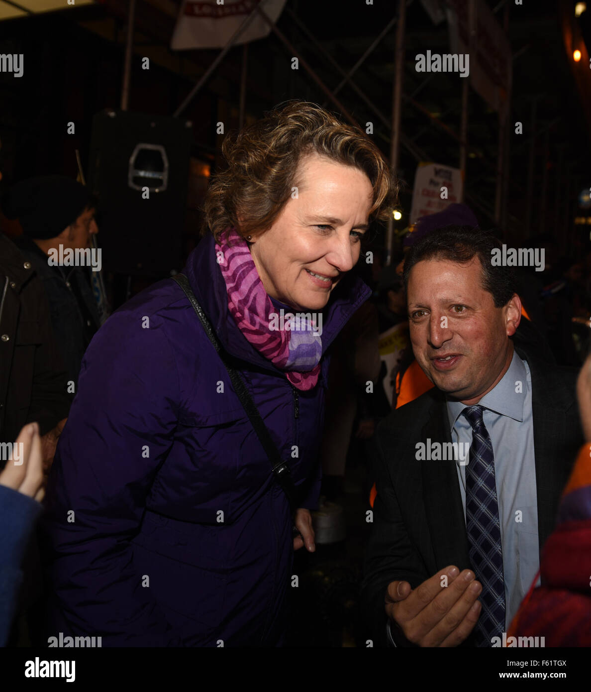 New York City, United States. 10th Nov, 2015. Mary Kay Henry, national SEUI president with NY city council member Brad Ladner. Fight for Fifteen's national day of action began with a walk-out of fast food employees and a rally in downtown Brooklyn where mayor de Blasio and other leaders spoke. Credit:  Andy Katz/Pacific Press/Alamy Live News Stock Photo