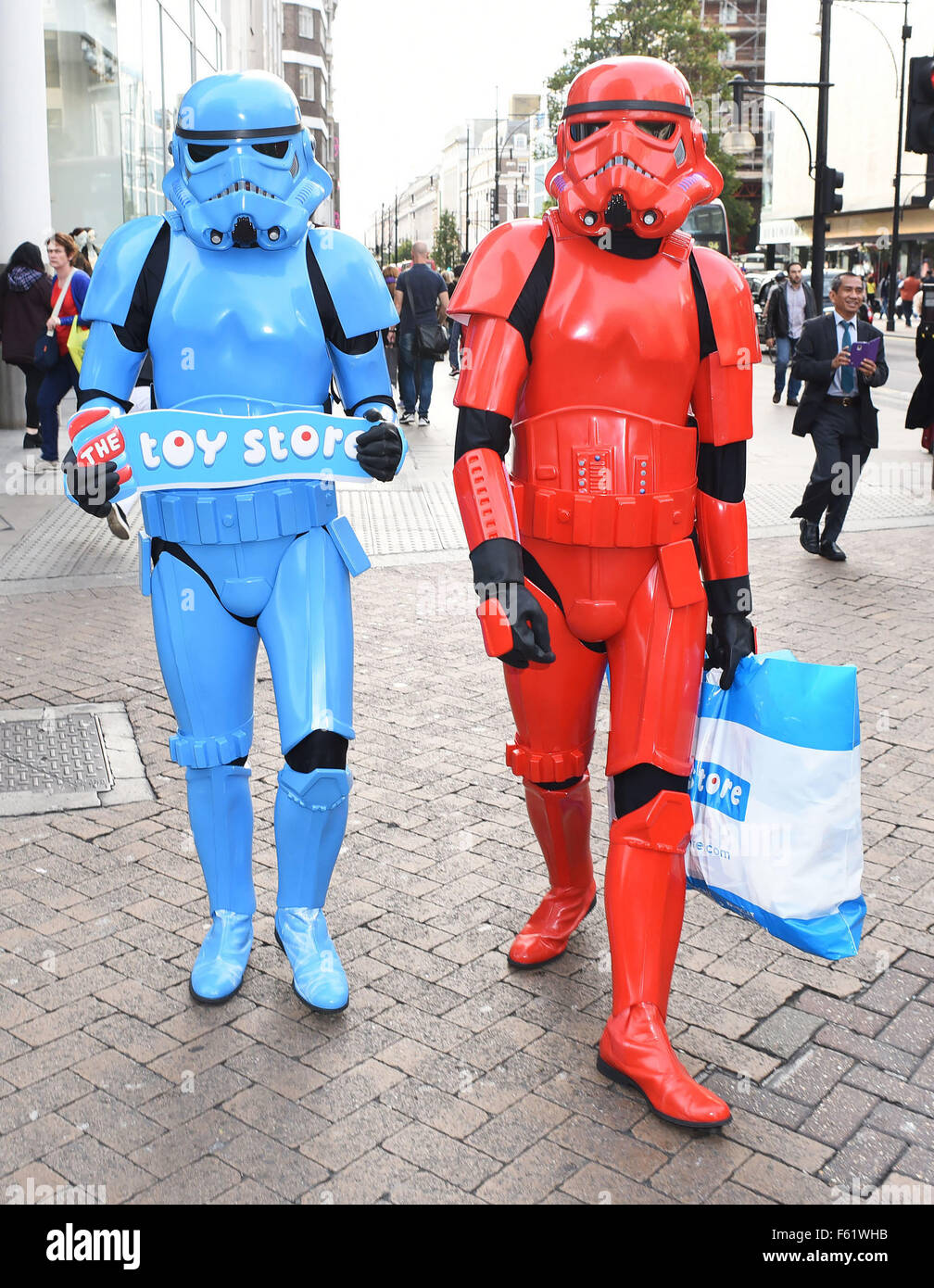 A blue and a Star Stormtrooper stroll down London's busy Oxford Street to promote the of The Toy Store. The middle-eastern based toy retailer has for a huge