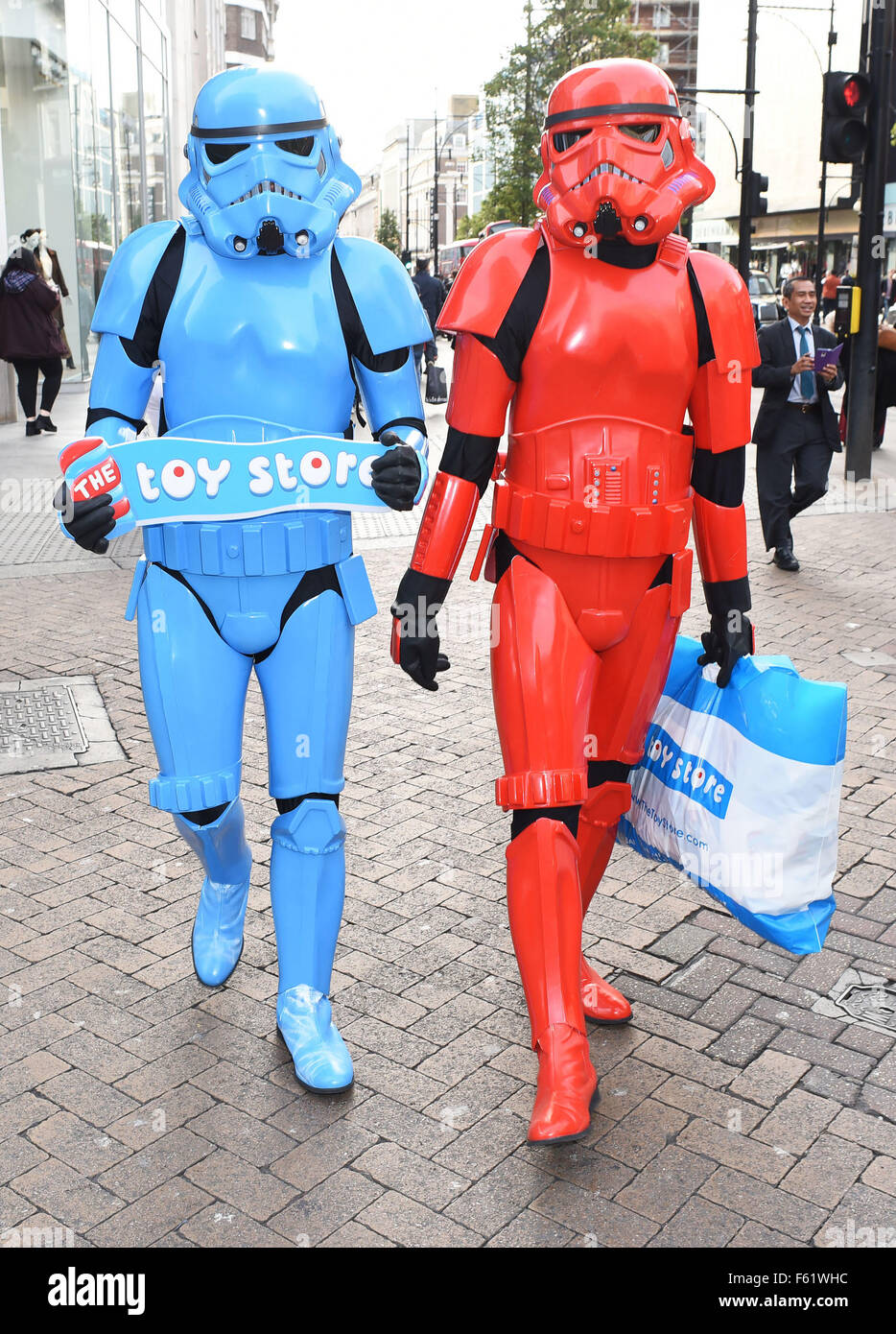 A blue and a red Star Wars Stormtrooper stroll down London's busy Oxford  Street to promote the opening of The Toy Store. The middle-eastern based  toy retailer has signed for a huge