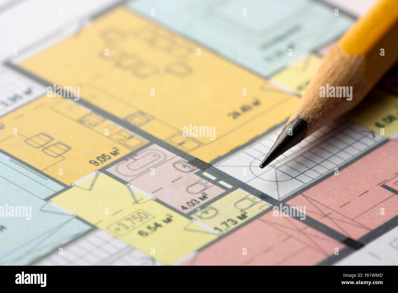 Close-up of pencil on architectural floor plan Stock Photo