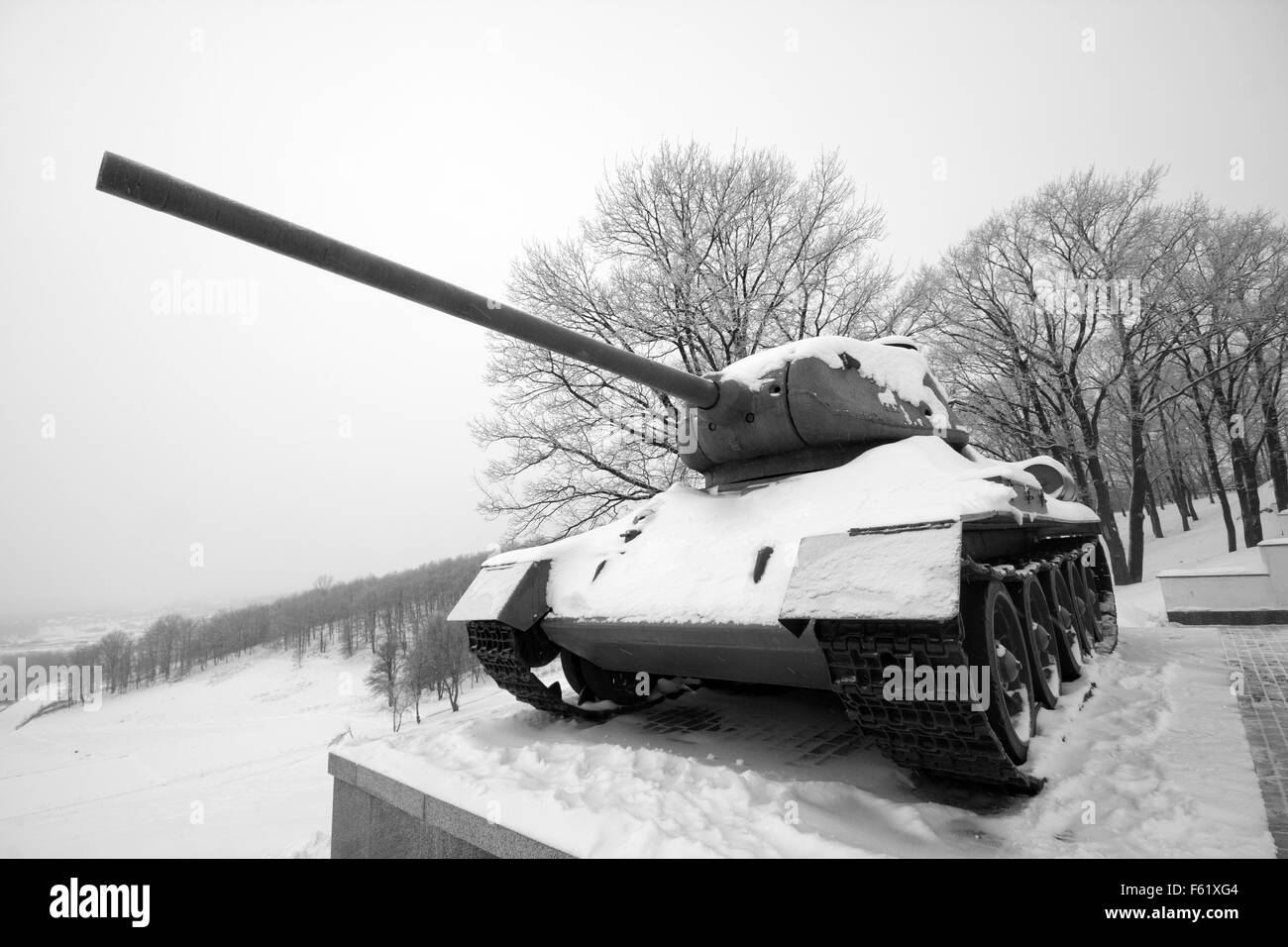 Old frozen russian WWII tank T-34 in memorial Stock Photo