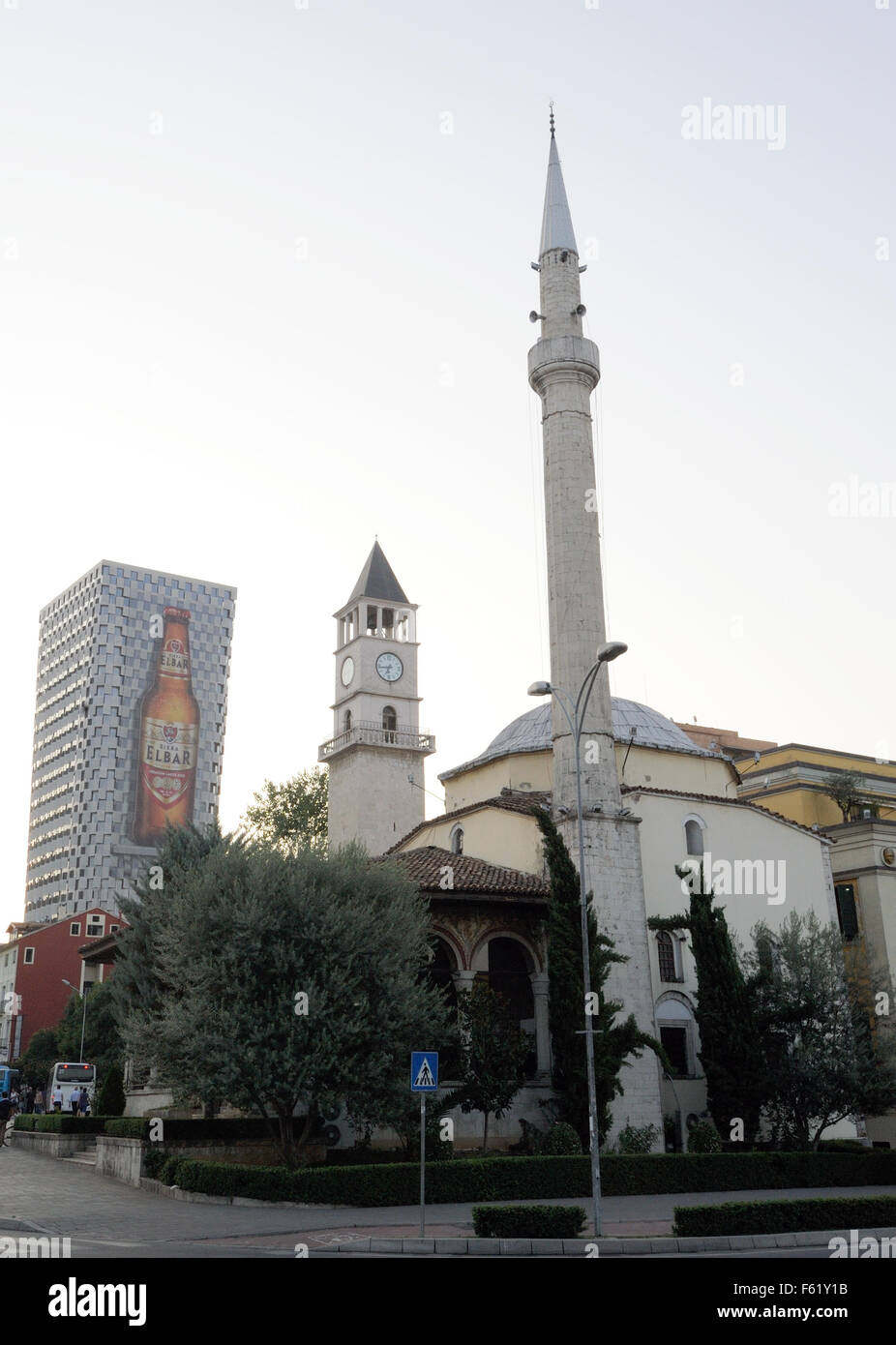 Et'hem Bey Mosque, Xhamia e Et'hem Beut, with its dome and minaret, the Ottoman Clock Tower of Tirana, Kulla e Sahatit Stock Photo