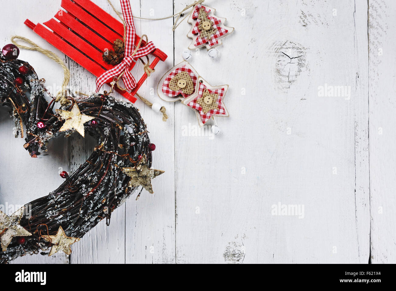 Christmas Wreath Red Sleigh And Christmas Tree Decoration On