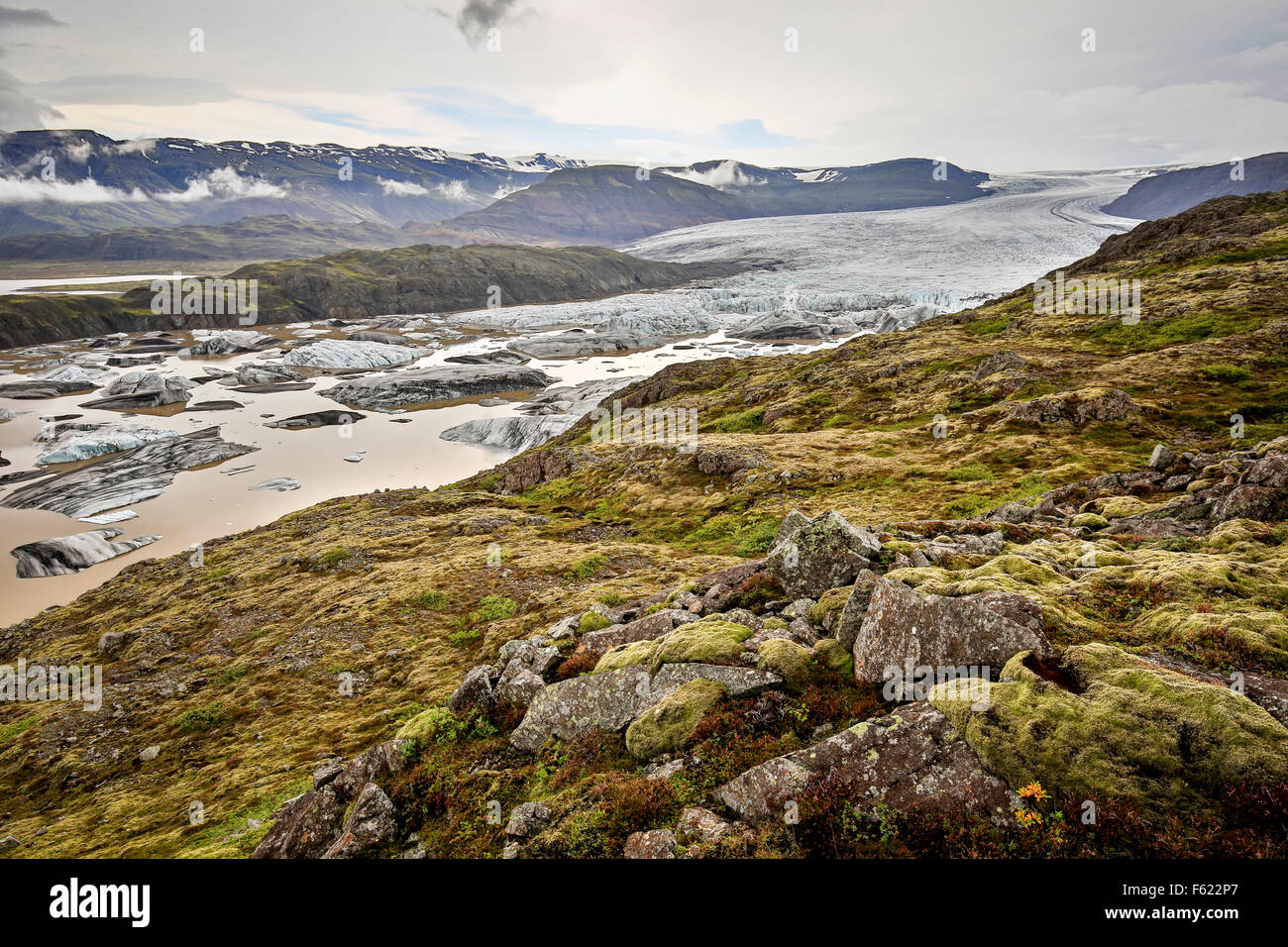 Hoffellsjokul Glacier and icebergs on glacier lagoon, Vatnajokull National Park, Iceland Stock Photo