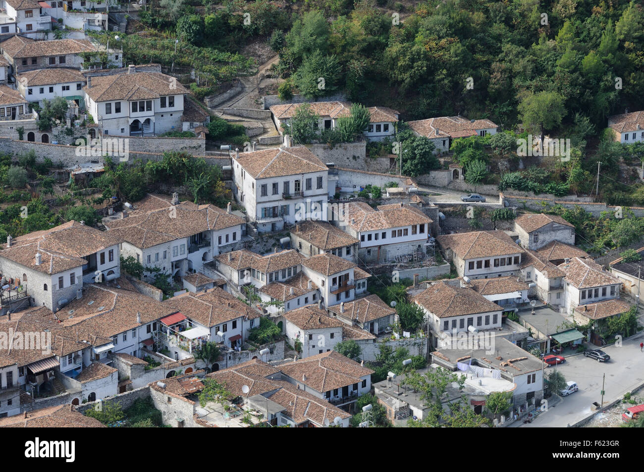 View from the walls of the thirteenth century Berat Castle, Kalaja e Beratit. The old district of Berat, Mangalemi. Stock Photo