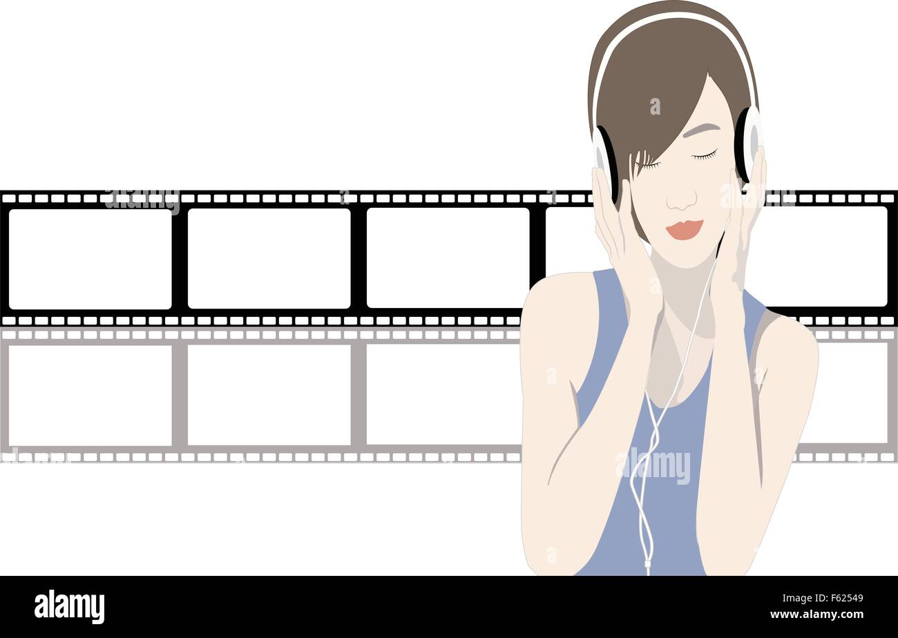 The happy young girl listening to the music Stock Vector