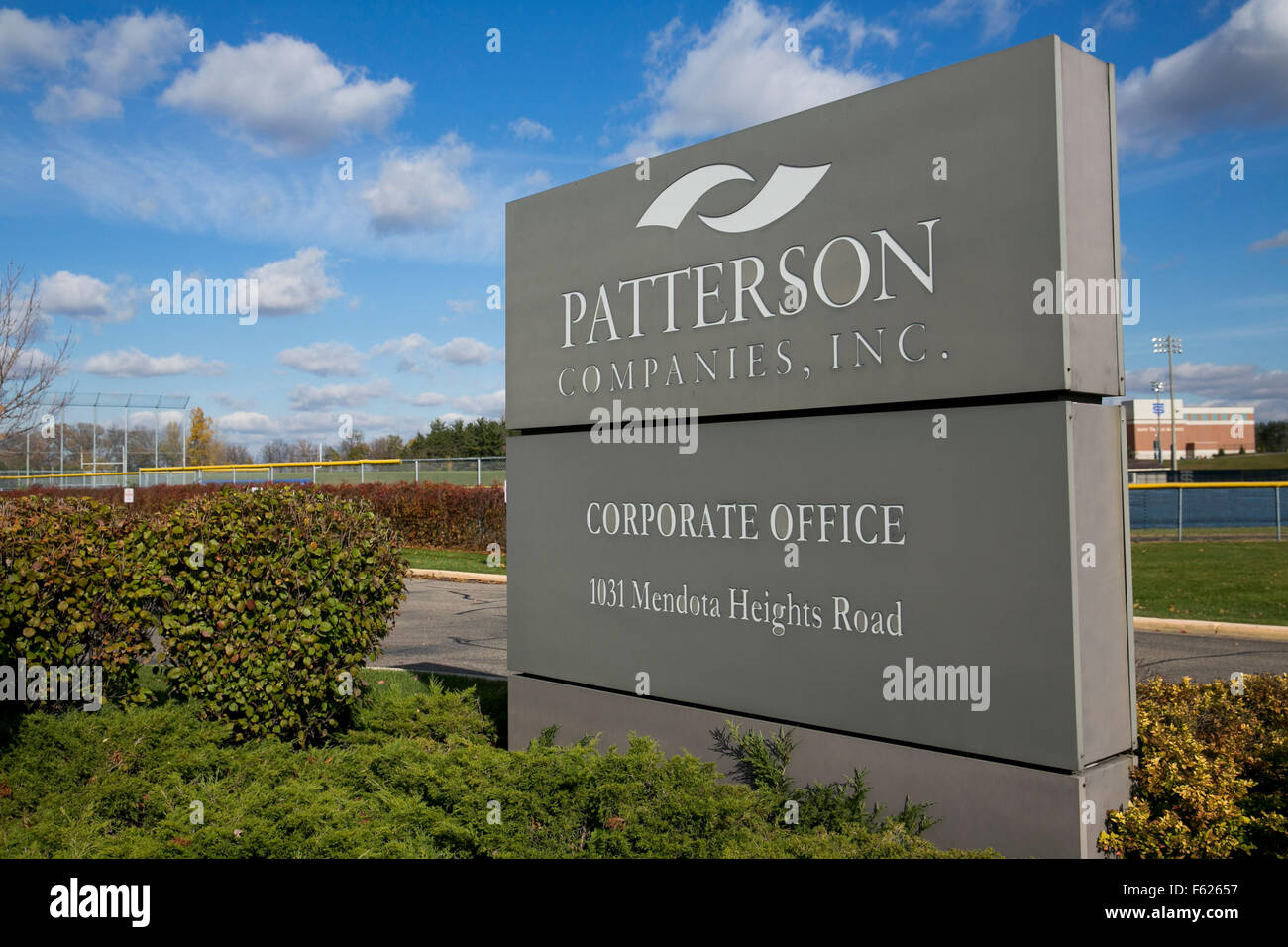 A logo sign outside of the headquarters of Patterson Companies Inc., in St. Paul, Minnesota on October 24, 2015. Stock Photo