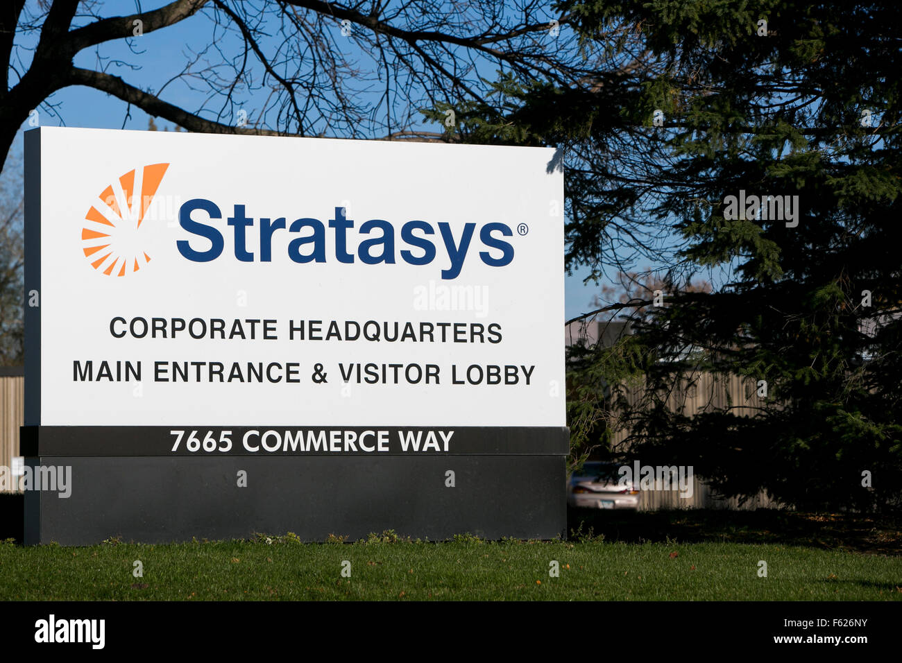 A logo sign outside of the headquarters of Stratasys Ltd., in Eden Prairie, Minnesota on October 24, 2015. Stock Photo