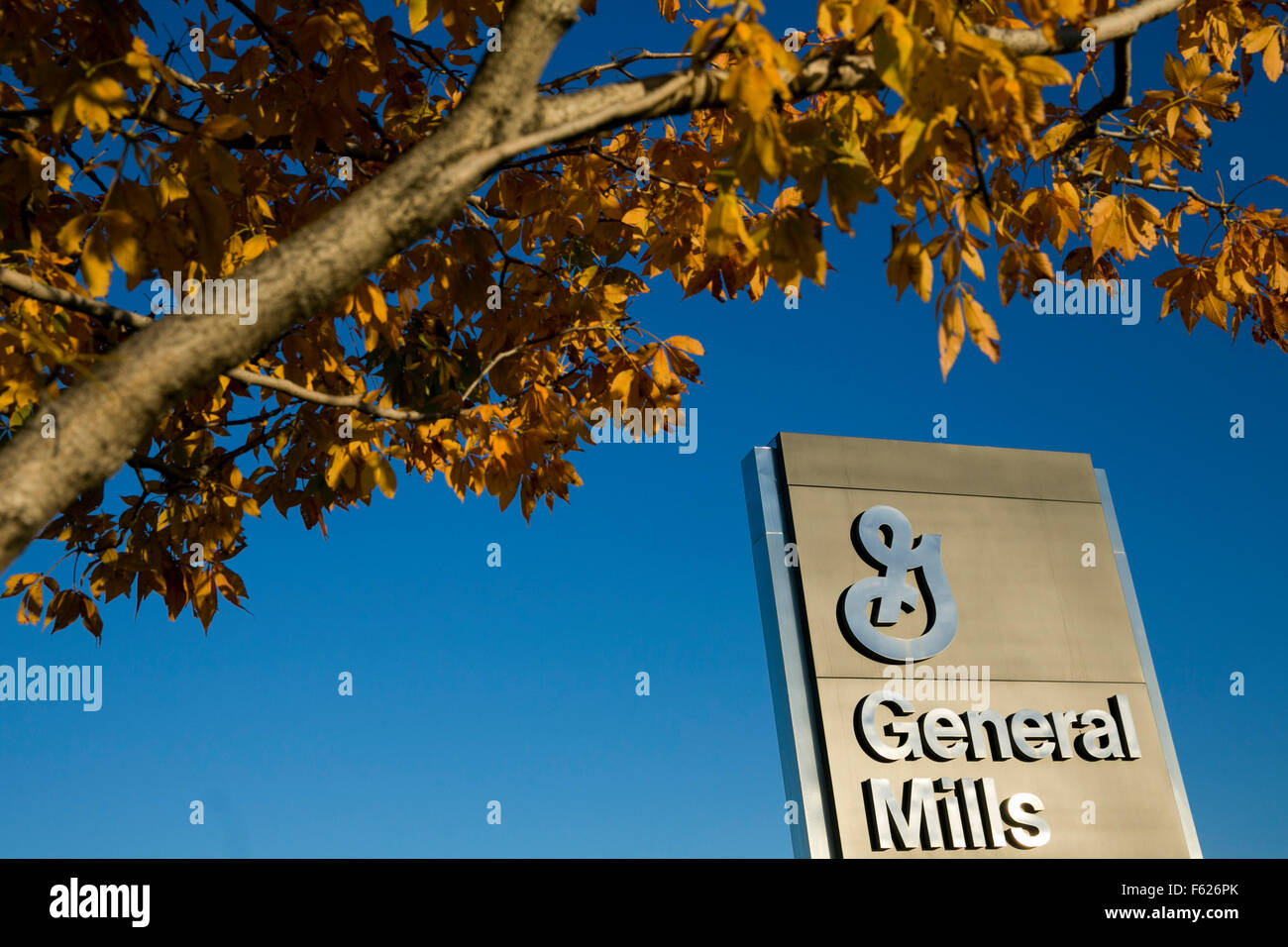 A logo sign outside of the headquarters of General Mills, Inc., in