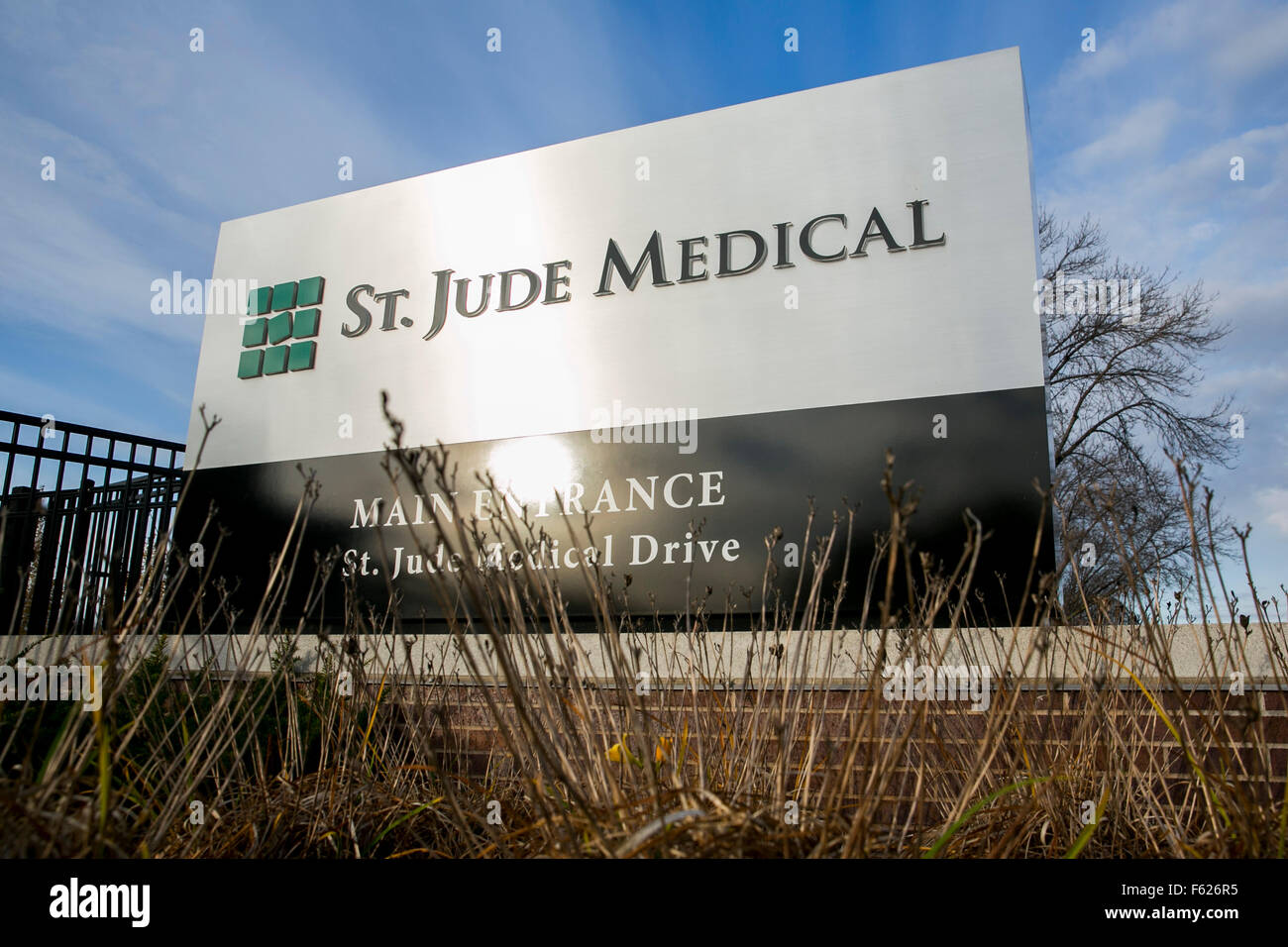 A logo sign outside of the headquarters of St. Jude Medical, Inc., in St. Paul, Minnesota on October 25, 2015. Stock Photo