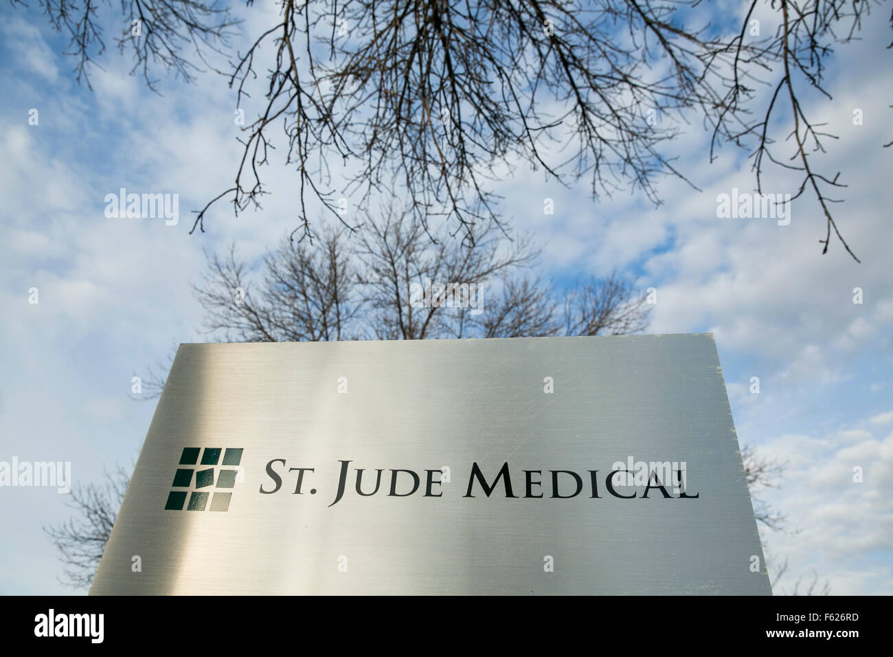 A logo sign outside of the headquarters of St. Jude Medical, Inc., in St. Paul, Minnesota on October 25, 2015. Stock Photo