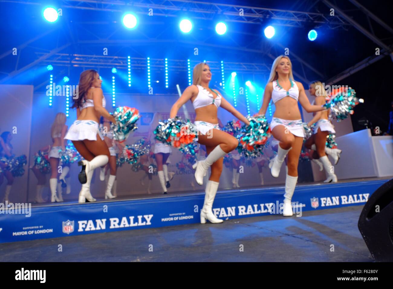 The Miami Dolphins Cheerleaders perform at the NFL fan rally in Trafalgar Square  Featuring: Atmosphere Where: London, United Kingdom When: 03 Oct 2015 Stock Photo