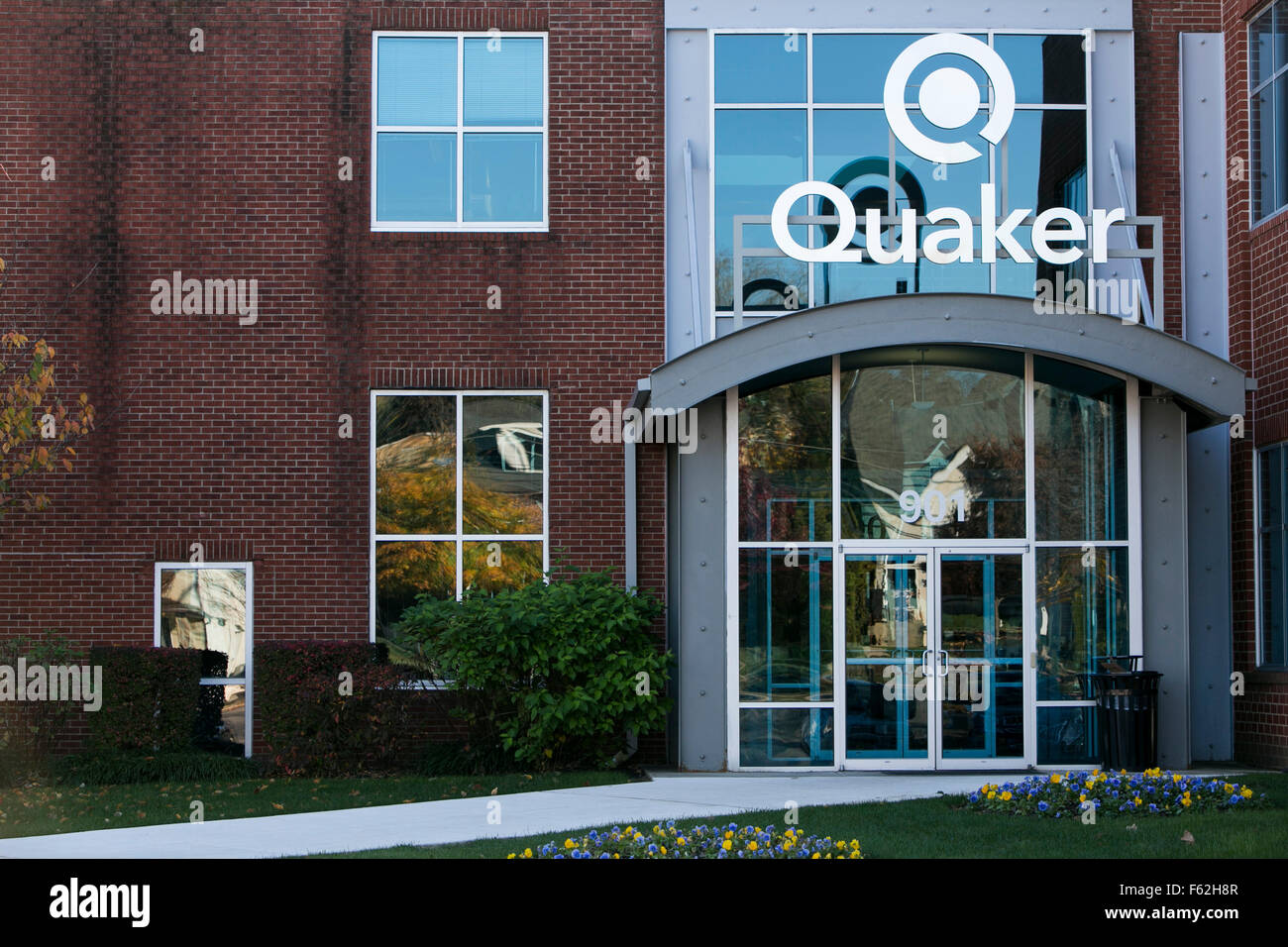 A logo sign outside of the headquarters of the Quaker Chemical Corporation in Conshohocken, Pennsylvania on November 8, 2015. Stock Photo