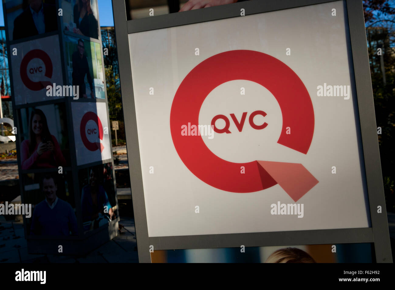 A logo sign outside of the headquarters of the television shopping channel, QVC, in West Chester, Pennsylvania on November 8, 20 Stock Photo