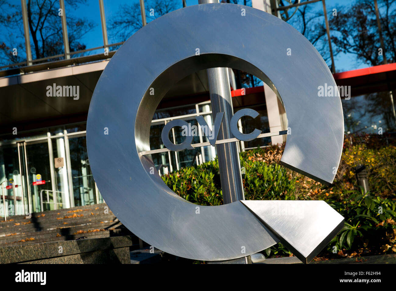 A logo sign outside of the headquarters of the television shopping channel, QVC, in West Chester, Pennsylvania on November 8, 20 Stock Photo