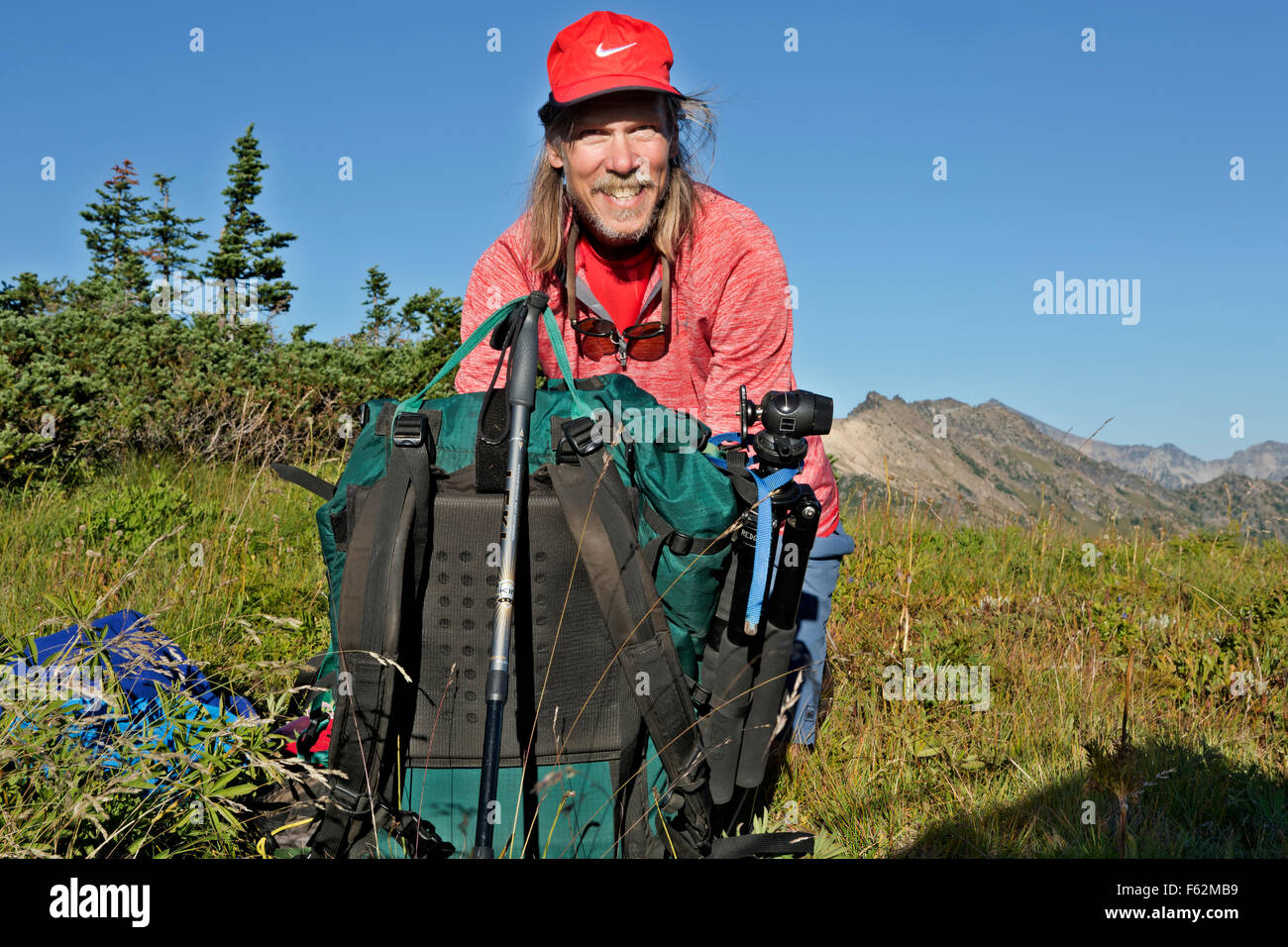 WA10902-00...WASHINGTON - Unpacking at a campsite along the crest of Liberty Cap in the Glacier Peak Wilderness area. Stock Photo