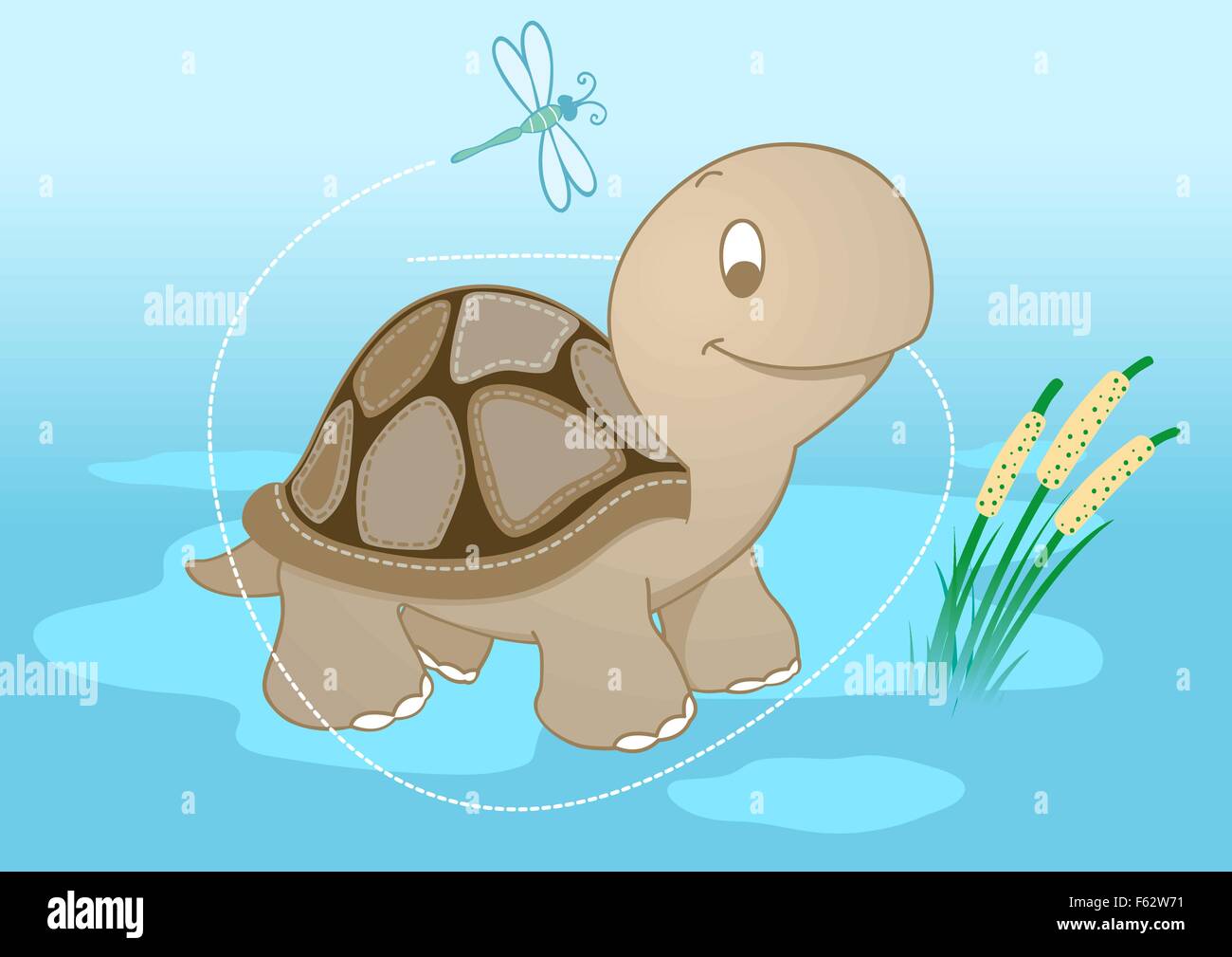turtle in pond with a dragonfly. Stock Vector