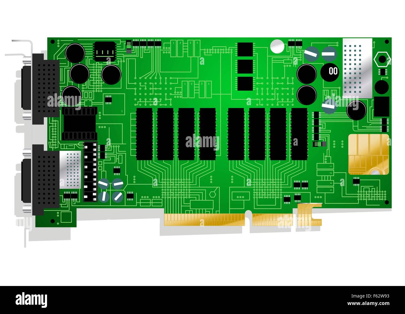 Green graphics card circuit board illustration on white background. Stock Vector
