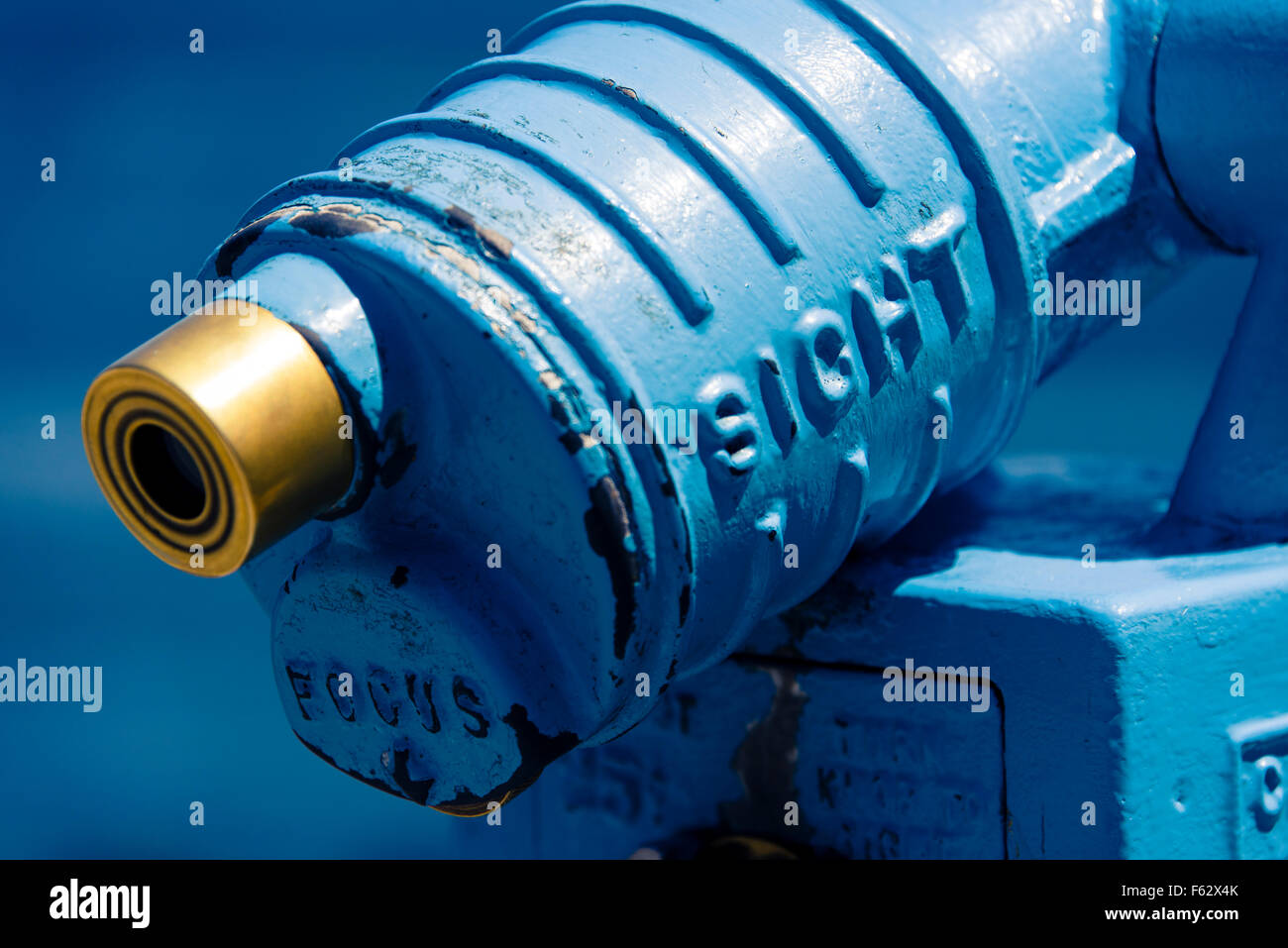 Blue sightseeing telescope with words SIGHT and FOCUS, Monterey Bay, California Stock Photo