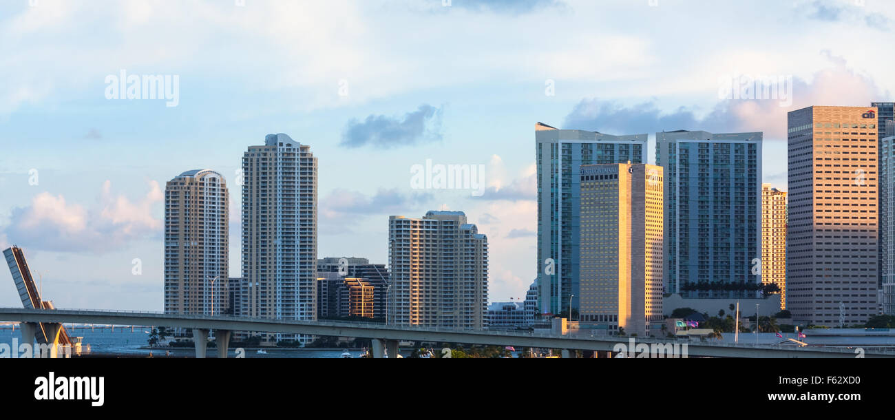 Brickell Key and Miami skyline as seen from the McArthur Causeway bridge including some of the Port Blvd bridge Stock Photo